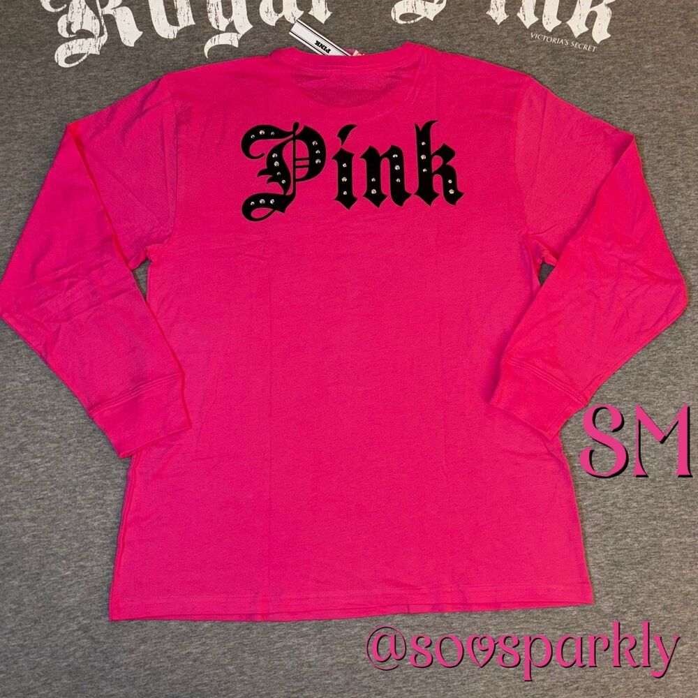 VS PINK Rhinestone Bling Hot Pink Halloween Long Sleeve Campus Tee Shirt SM